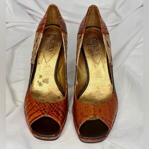 Guess Women's Tan Croc-Embossed Peep-Toe Heels